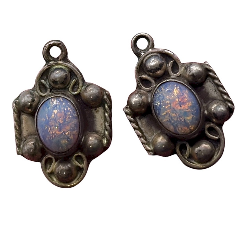 Vintage Taxco Mexico FC 925 Sterling Silver Opal Charm Pendant Pair Southwestern